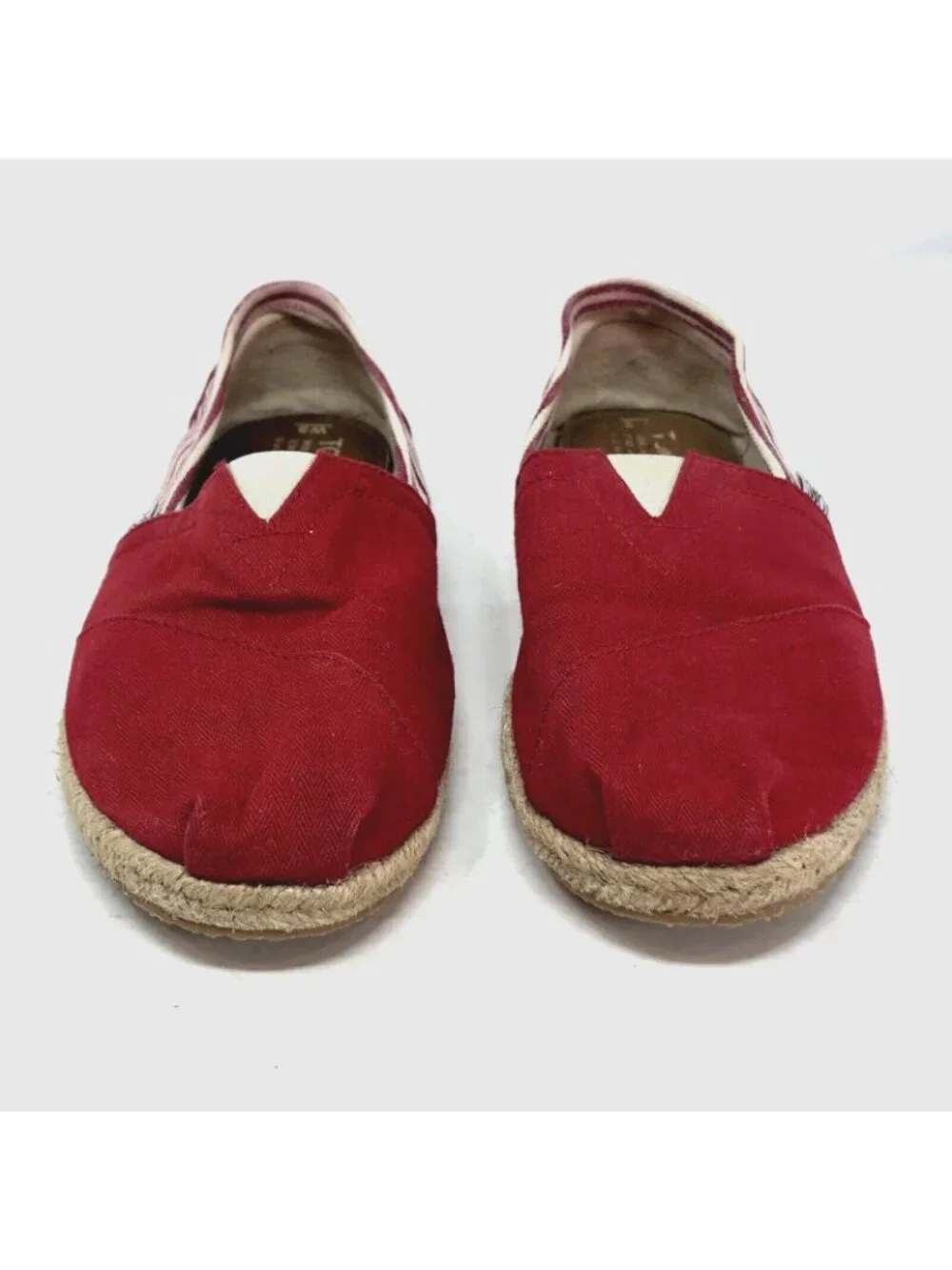 TOMS Shoes Women 8 Red Striped Canvas University Classic Rope Trim Slip On Flats